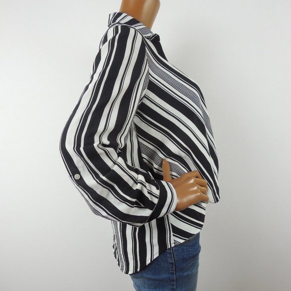 DRESSBARN Top M Black/White Striped Blouse NWT Hi/Low Stretch Roll Tab Long Slvs - Picture 6 of 11